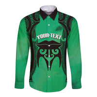 Personalised Moko Kauae New Zealand Long Sleeve Button Shirt Maori Chin Tattoo Green LT14 Unisex Green - Polynesian Pride