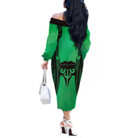 Personalised Moko Kauae New Zealand Off The Shoulder Long Sleeve Dress Maori Chin Tattoo Green LT14 - Polynesian Pride