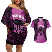 Personalised Moko Kauae New Zealand Couples Matching Off Shoulder Short Dress and Hawaiian Shirt Maori Chin Tattoo Pink LT14 Pink - Polynesian Pride