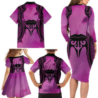 Personalised Moko Kauae New Zealand Family Matching Long Sleeve Bodycon Dress and Hawaiian Shirt Maori Chin Tattoo Pink LT14 - Polynesian Pride