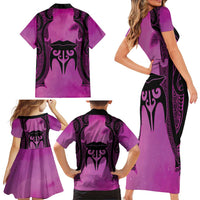 Personalised Moko Kauae New Zealand Family Matching Short Sleeve Bodycon Dress and Hawaiian Shirt Maori Chin Tattoo Pink LT14 - Polynesian Pride