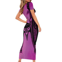 Personalised Moko Kauae New Zealand Family Matching Short Sleeve Bodycon Dress and Hawaiian Shirt Maori Chin Tattoo Pink LT14 - Polynesian Pride