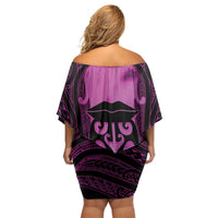 Personalised Moko Kauae New Zealand Off Shoulder Short Dress Maori Chin Tattoo Pink LT14 - Polynesian Pride