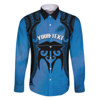 Personalised Moko Kauae New Zealand Family Matching Long Sleeve Bodycon Dress and Hawaiian Shirt Maori Chin Tattoo Blue LT14 Dad's Shirt - Long Sleeve Blue - Polynesian Pride