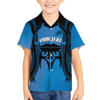 Personalised Moko Kauae New Zealand Family Matching Off Shoulder Short Dress and Hawaiian Shirt Maori Chin Tattoo Blue LT14 Son's Shirt Blue - Polynesian Pride