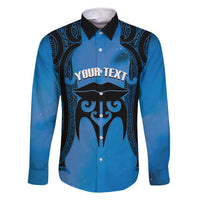 Personalised Moko Kauae New Zealand Family Matching Short Sleeve Bodycon Dress and Hawaiian Shirt Maori Chin Tattoo Blue LT14 Dad's Shirt - Long Sleeve Blue - Polynesian Pride