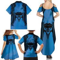 Personalised Moko Kauae New Zealand Family Matching Summer Maxi Dress and Hawaiian Shirt Maori Chin Tattoo Blue LT14 - Polynesian Pride