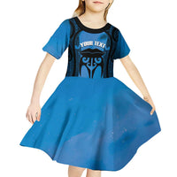 Personalised Moko Kauae New Zealand Kid Short Sleeve Dress Maori Chin Tattoo Blue LT14 - Polynesian Pride