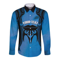 Personalised Moko Kauae New Zealand Long Sleeve Button Shirt Maori Chin Tattoo Blue LT14 Unisex Blue - Polynesian Pride