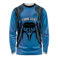 Personalised Moko Kauae New Zealand Long Sleeve Shirt Maori Chin Tattoo Blue LT14 Unisex Blue - Polynesian Pride