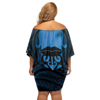 Personalised Moko Kauae New Zealand Off Shoulder Short Dress Maori Chin Tattoo Blue LT14 - Polynesian Pride