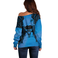 Personalised Moko Kauae New Zealand Off Shoulder Sweater Maori Chin Tattoo Blue LT14 - Polynesian Pride