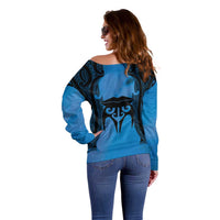 Personalised Moko Kauae New Zealand Off Shoulder Sweater Maori Chin Tattoo Blue LT14 - Polynesian Pride