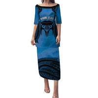 Personalised Moko Kauae New Zealand Puletasi Maori Chin Tattoo Blue LT14 Long Dress Blue - Polynesian Pride