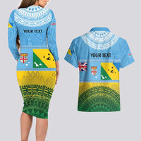Personalised Malampa Fiji Day Couples Matching Long Sleeve Bodycon Dress and Hawaiian Shirt 10 October Fijian Tapa Flag Style LT14 - Polynesian Pride