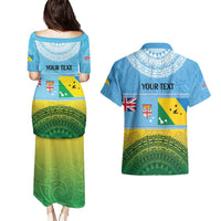 Personalised Malampa Fiji Day Couples Matching Puletasi and Hawaiian Shirt 10 October Fijian Tapa Flag Style LT14 - Polynesian Pride