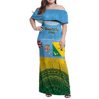 Personalised Malampa Fiji Day Family Matching Off Shoulder Maxi Dress and Hawaiian Shirt 10 October Fijian Tapa Flag Style LT14 Mom's Dress Blue - Polynesian Pride