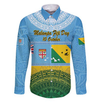 Personalised Malampa Fiji Day Family Matching Short Sleeve Bodycon Dress and Hawaiian Shirt 10 October Fijian Tapa Flag Style LT14 Dad's Shirt - Long Sleeve Blue - Polynesian Pride