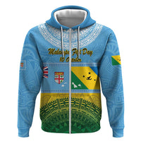 Personalised Malampa Fiji Day Hoodie 10 October Fijian Tapa Flag Style LT14 Zip Hoodie Blue - Polynesian Pride