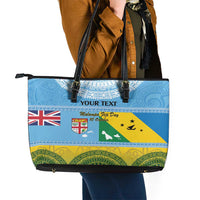 Personalised Malampa Fiji Day Leather Tote Bag 10 October Fijian Tapa Flag Style LT14 - Polynesian Pride
