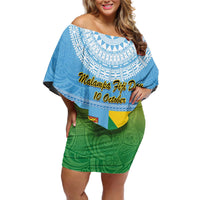 Personalised Malampa Fiji Day Off Shoulder Short Dress 10 October Fijian Tapa Flag Style LT14 Women Blue - Polynesian Pride