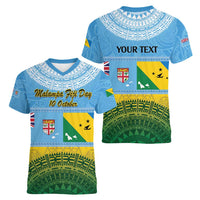 Personalised Malampa Fiji Day Women V-Neck T-Shirt 10 October Fijian Tapa Flag Style LT14 - Polynesian Pride