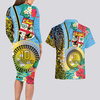 Vanuatu Malampa Fiji Day Couples Matching Long Sleeve Bodycon Dress and Hawaiian Shirt Happy 10 October With Maps Tropical Flowers LT14 - Polynesian Pride