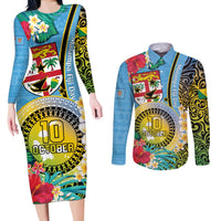Vanuatu Malampa Fiji Day Couples Matching Long Sleeve Bodycon Dress and Long Sleeve Button Shirt Happy 10 October With Maps Tropical Flowers LT14 Blue - Polynesian Pride