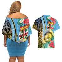 Vanuatu Malampa Fiji Day Couples Matching Off Shoulder Short Dress and Hawaiian Shirt Happy 10 October With Maps Tropical Flowers LT14 - Polynesian Pride