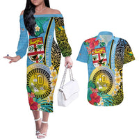 Vanuatu Malampa Fiji Day Couples Matching Off The Shoulder Long Sleeve Dress and Hawaiian Shirt Happy 10 October With Maps Tropical Flowers LT14 Blue - Polynesian Pride