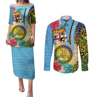 Vanuatu Malampa Fiji Day Couples Matching Puletasi and Long Sleeve Button Shirt Happy 10 October With Maps Tropical Flowers LT14 Blue - Polynesian Pride