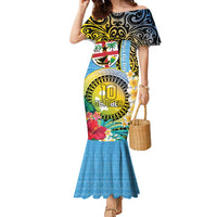 Vanuatu Malampa Fiji Day Family Matching Mermaid Dress and Hawaiian Shirt Happy 10 October With Maps Tropical Flowers LT14 Mom's Dress Blue - Polynesian Pride