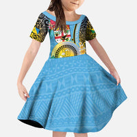 Vanuatu Malampa Fiji Day Family Matching Off Shoulder Maxi Dress and Hawaiian Shirt Happy 10 October With Maps Tropical Flowers LT14 Daughter's Dress Blue - Polynesian Pride