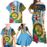 Vanuatu Malampa Fiji Day Family Matching Off Shoulder Maxi Dress and Hawaiian Shirt Happy 10 October With Maps Tropical Flowers LT14 - Polynesian Pride
