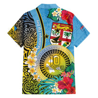 Vanuatu Malampa Fiji Day Family Matching Off Shoulder Short Dress and Hawaiian Shirt Happy 10 October With Maps Tropical Flowers LT14 - Polynesian Pride