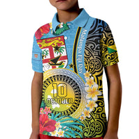 Vanuatu Malampa Fiji Day Kid Polo Shirt Happy 10 October With Maps Tropical Flowers LT14 Kid Blue - Polynesian Pride