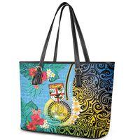 Vanuatu Malampa Fiji Day Leather Tote Bag Happy 10 October With Maps Tropical Flowers LT14 - Polynesian Pride