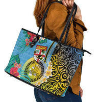 Vanuatu Malampa Fiji Day Leather Tote Bag Happy 10 October With Maps Tropical Flowers LT14 - Polynesian Pride