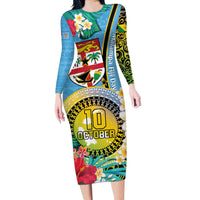Vanuatu Malampa Fiji Day Long Sleeve Bodycon Dress Happy 10 October With Maps Tropical Flowers LT14 Long Dress Blue - Polynesian Pride