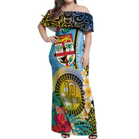 Vanuatu Malampa Fiji Day Off Shoulder Maxi Dress Happy 10 October With Maps Tropical Flowers LT14 Women Blue - Polynesian Pride