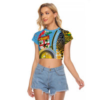 Vanuatu Malampa Fiji Day Raglan Cropped T Shirt Happy 10 October With Maps Tropical Flowers LT14 Female Blue - Polynesian Pride