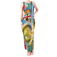 Vanuatu Malampa Fiji Day Tank Maxi Dress Happy 10 October With Maps Tropical Flowers LT14 Women Blue - Polynesian Pride