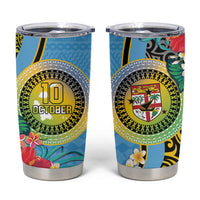Vanuatu Malampa Fiji Day Tumbler Cup Happy 10 October With Maps Tropical Flowers LT14 Blue - Polynesian Pride