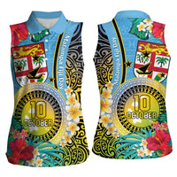 Vanuatu Malampa Fiji Day Women Sleeveless Polo Shirt Happy 10 October With Maps Tropical Flowers LT14 - Polynesian Pride