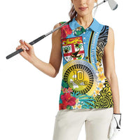Vanuatu Malampa Fiji Day Women Sleeveless Polo Shirt Happy 10 October With Maps Tropical Flowers LT14 - Polynesian Pride