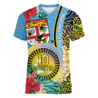 Vanuatu Malampa Fiji Day Women V-Neck T-Shirt Happy 10 October With Maps Tropical Flowers LT14 Female Blue - Polynesian Pride
