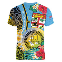 Vanuatu Malampa Fiji Day Women V-Neck T-Shirt Happy 10 October With Maps Tropical Flowers LT14 - Polynesian Pride