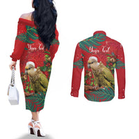 Personalised New Zealand Kakapo Christmas Couples Matching Off The Shoulder Long Sleeve Dress and Long Sleeve Button Shirt Meri Kirihimete Silver Fern Mix Pohutukawa LT14 - Polynesian Pride