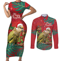 Personalised New Zealand Kakapo Christmas Couples Matching Short Sleeve Bodycon Dress and Long Sleeve Button Shirt Meri Kirihimete Silver Fern Mix Pohutukawa LT14 Red - Polynesian Pride