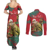 Personalised New Zealand Kakapo Christmas Couples Matching Summer Maxi Dress and Long Sleeve Button Shirt Meri Kirihimete Silver Fern Mix Pohutukawa LT14 - Polynesian Pride